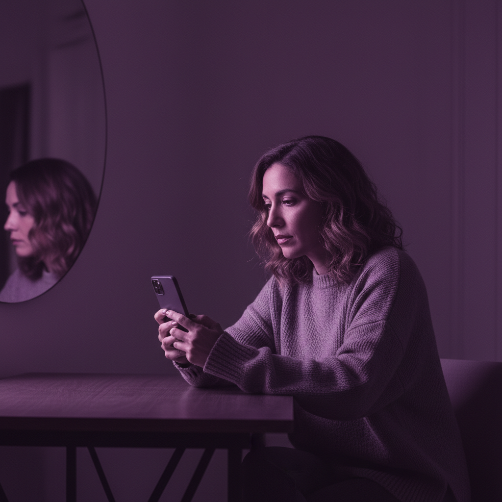Mujer frente a su teléfono con reflejo en el espejo — mirada introspectiva