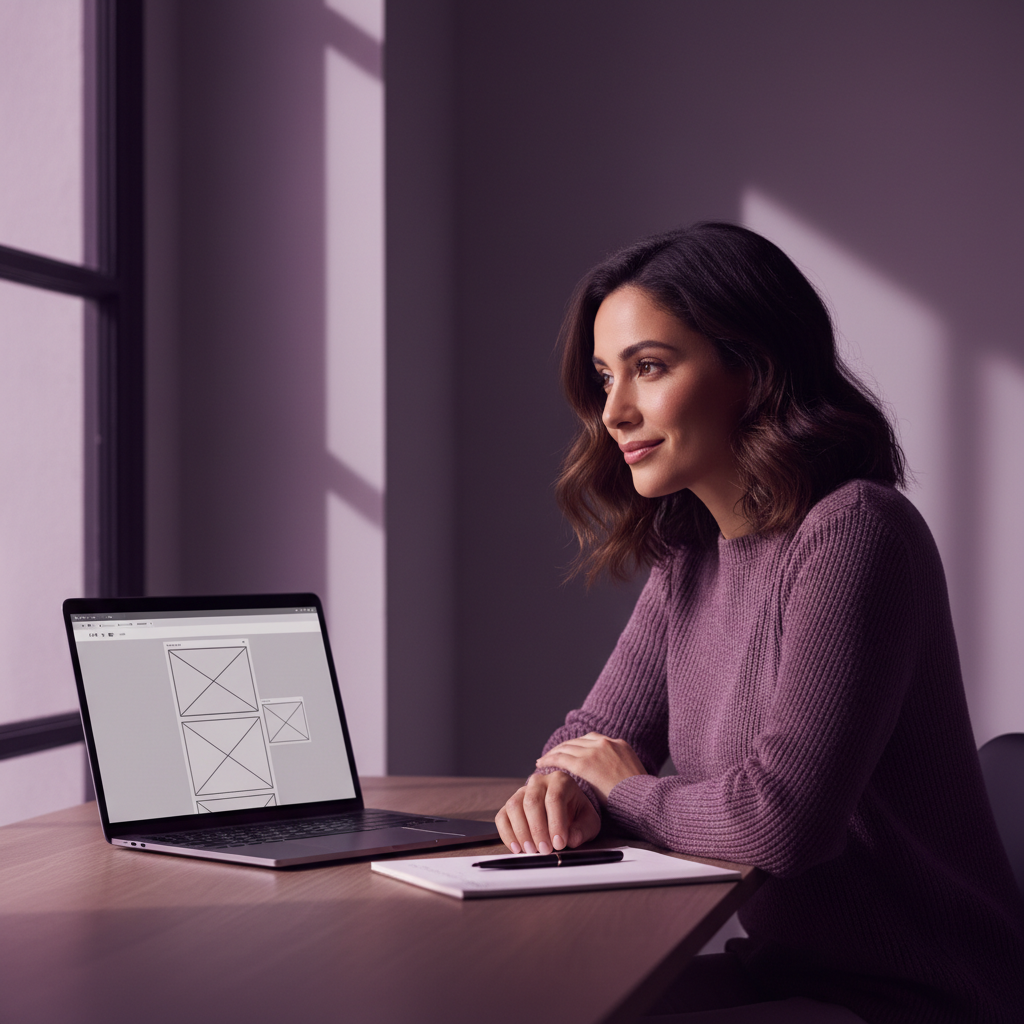 Mujer frente a su laptop con wireframe vacío — imaginando su web