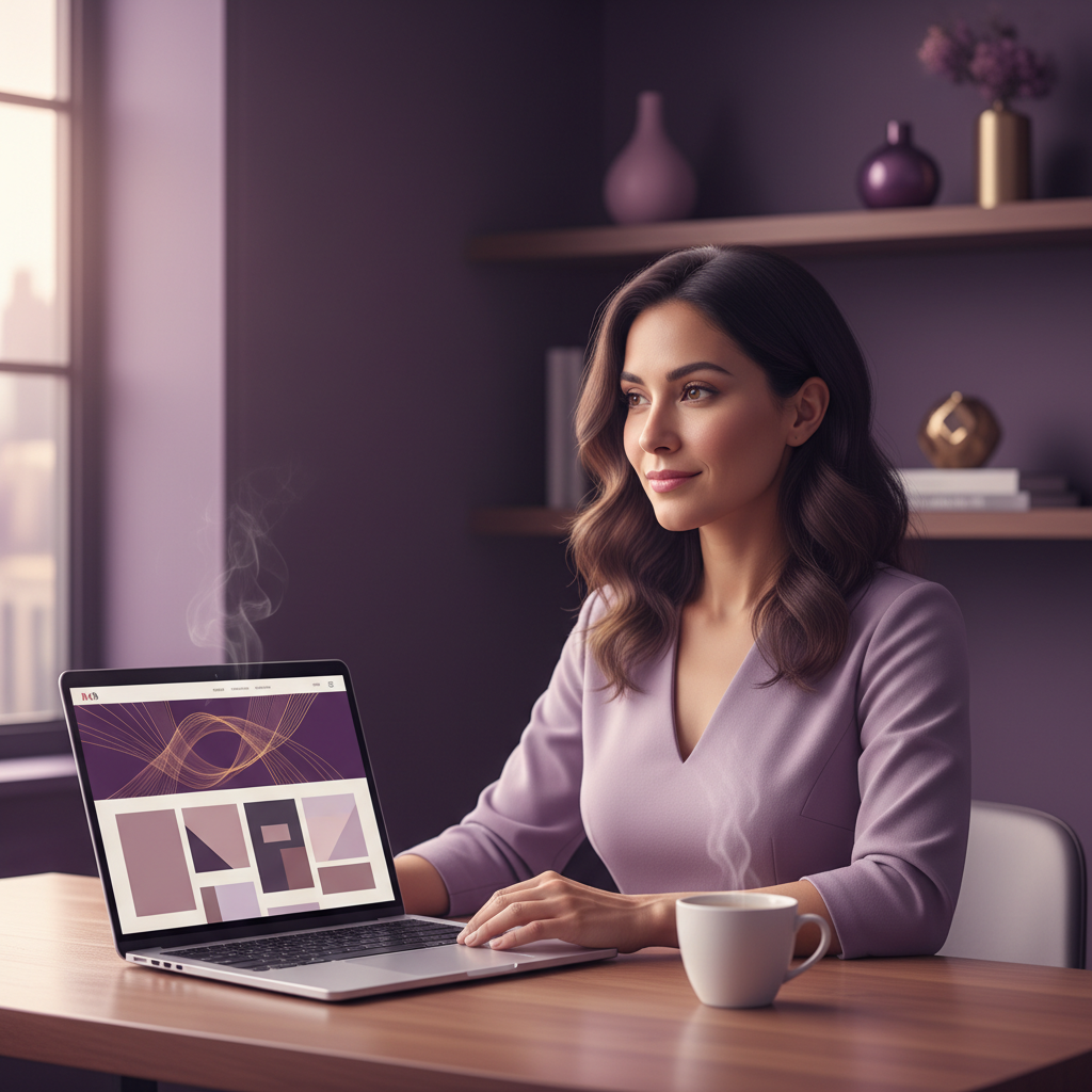Mujer trabajando en su laptop con su sitio web publicado en pantalla